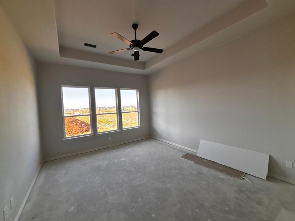 129 Pheasant Run Drive Rhome, TX 76078 - Photo 7 of 8 Tray ceiling with a ceiling fan, three pane windows, and light gray wall finishes