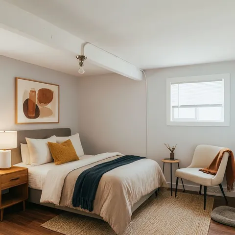 a bedroom with a bed and chair