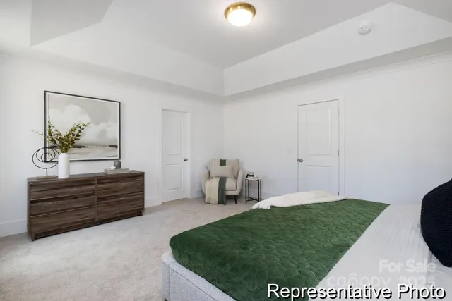 a bed room with furniture and mirror