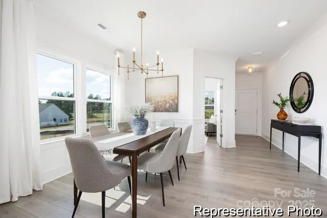 a view of a dining room and livingroom with furniture wooden floor a rug a painting and a chandelier