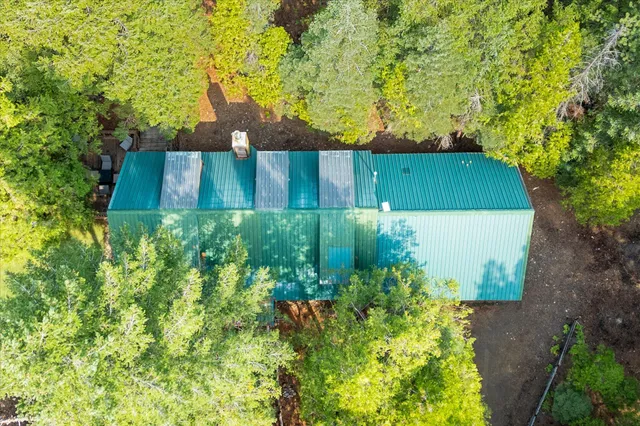 a view of a lush green forest with a houses