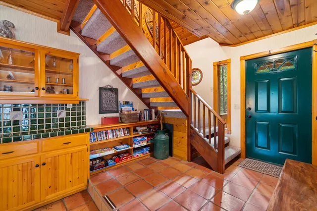 a view of a balcony with car parked