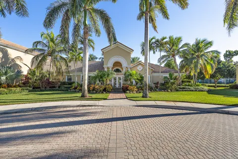 a view of a swimming pool with a lounge chair and palm trees