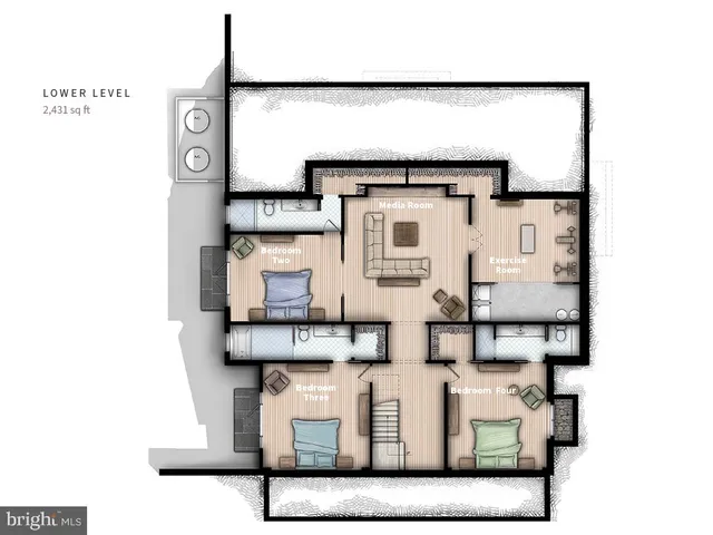 a living room with kitchen and furniture