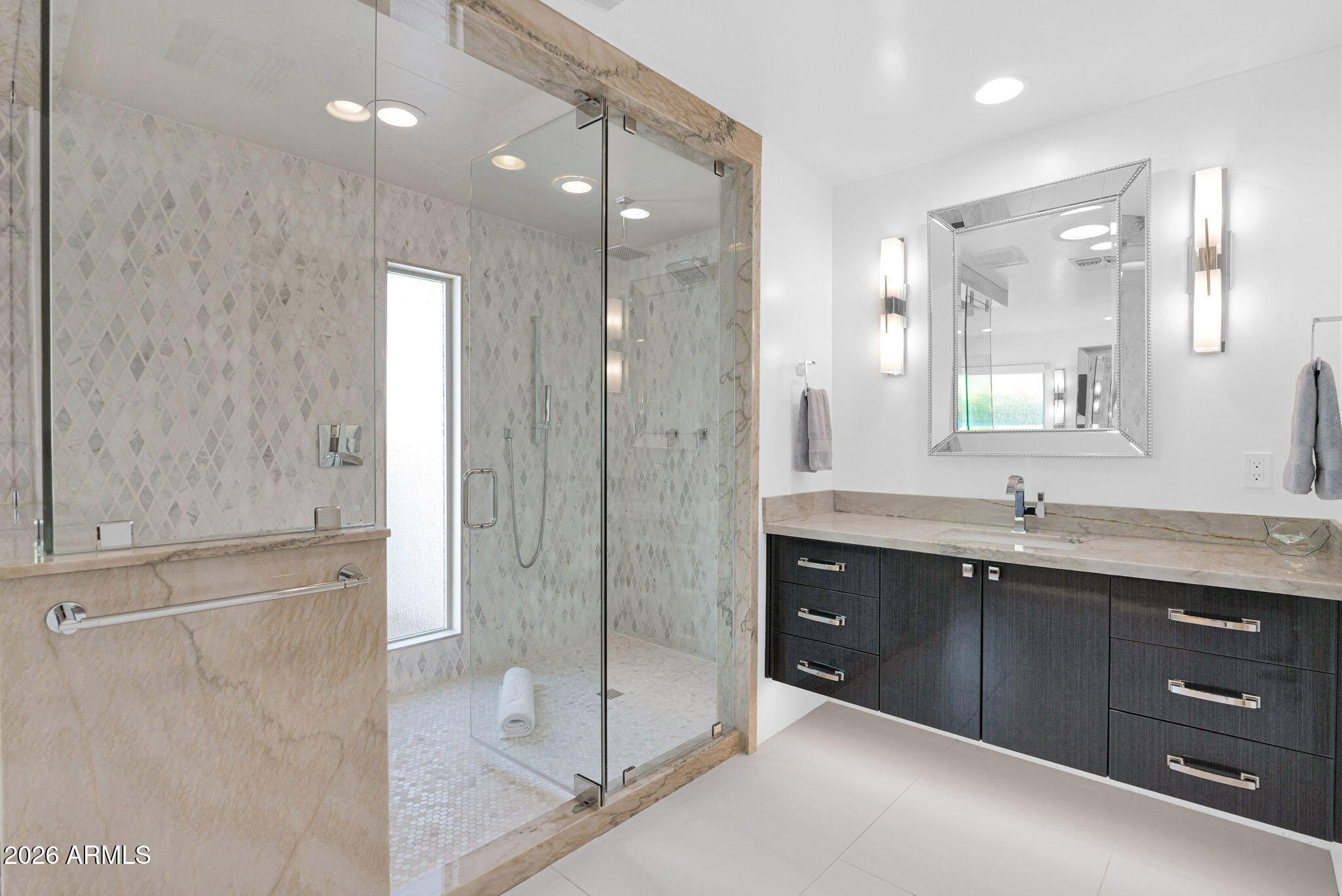 11813 North Blackheath Road Scottsdale, AZ 85254 - Photo 25 of 55 a bathroom with a granite countertop sink mirror and shower