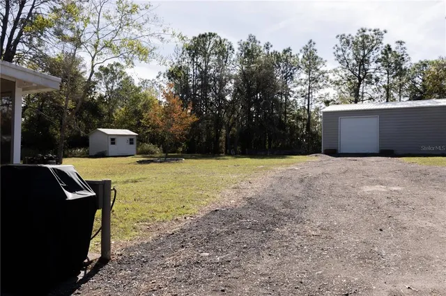 a view of a house with basketball space and a large tree
