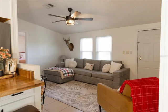 a living room with furniture a ceiling fan and a rug