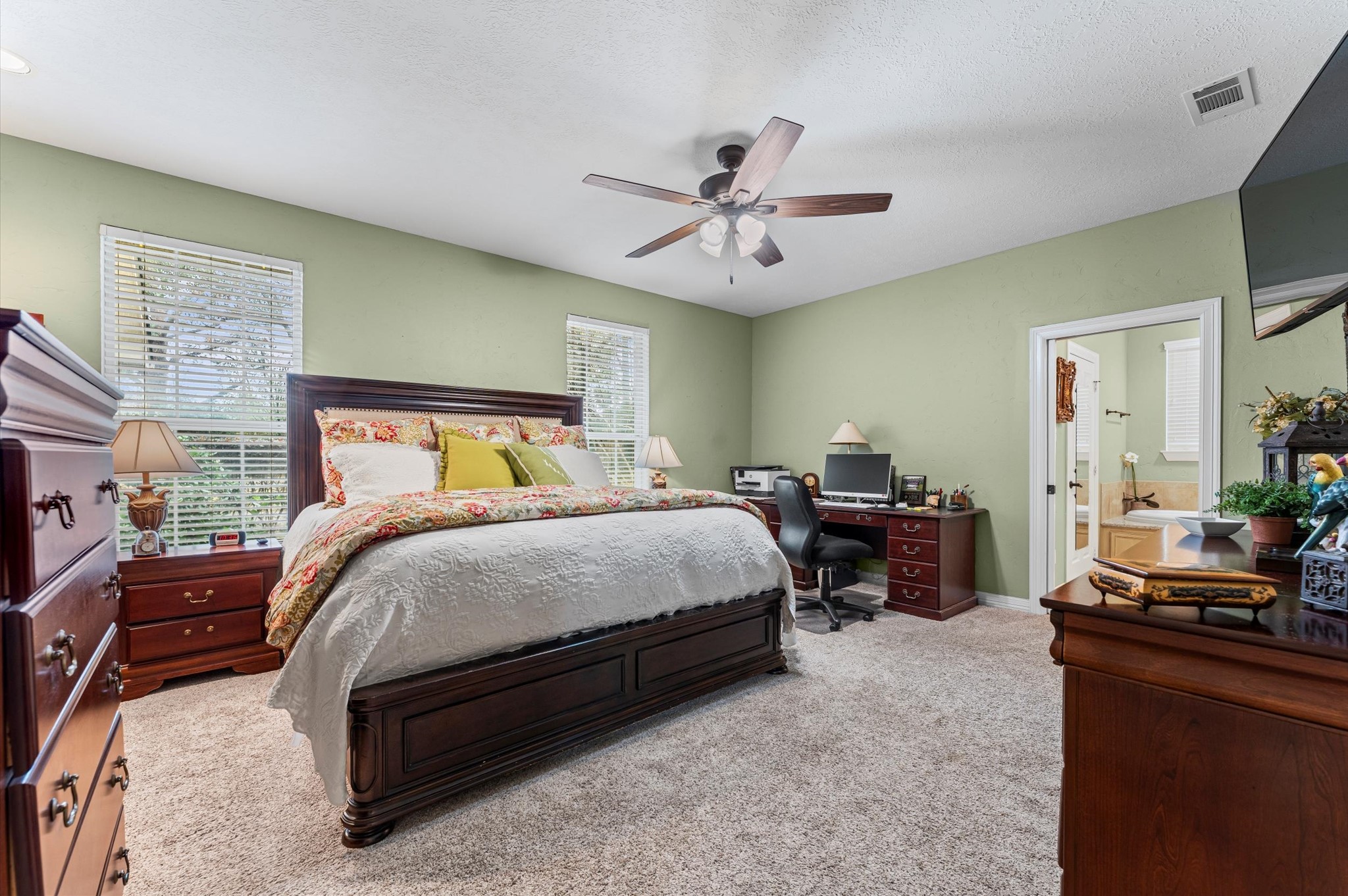 22625 Tomball Cemetery Road Tomball, TX 77377 - Photo 21 of 32 This large bedroom features a plush carpet, a ceiling fan, and an ensuite bathroom. Natural light streams through two windows, enhancing the room's warm, inviting atmosphere.