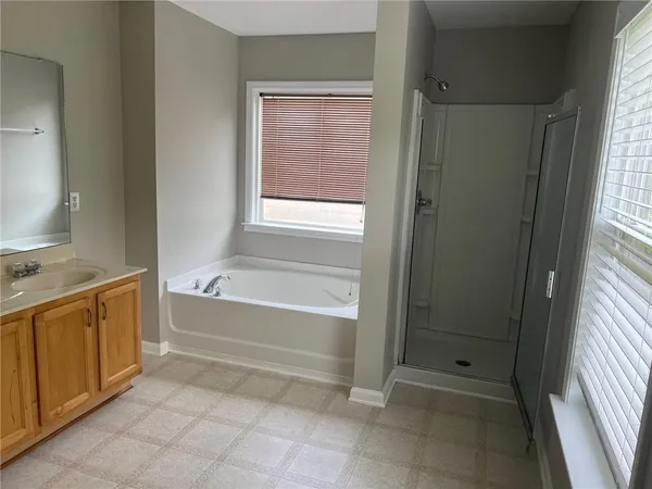 a bathroom with a tub shower and sink