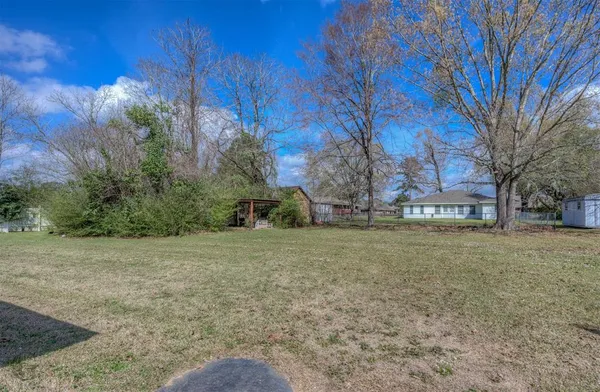 a view of a field with large trees