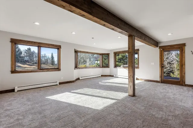 a view of a big room with windows and closet