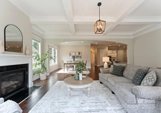 a living room with furniture a chandelier and a fireplace