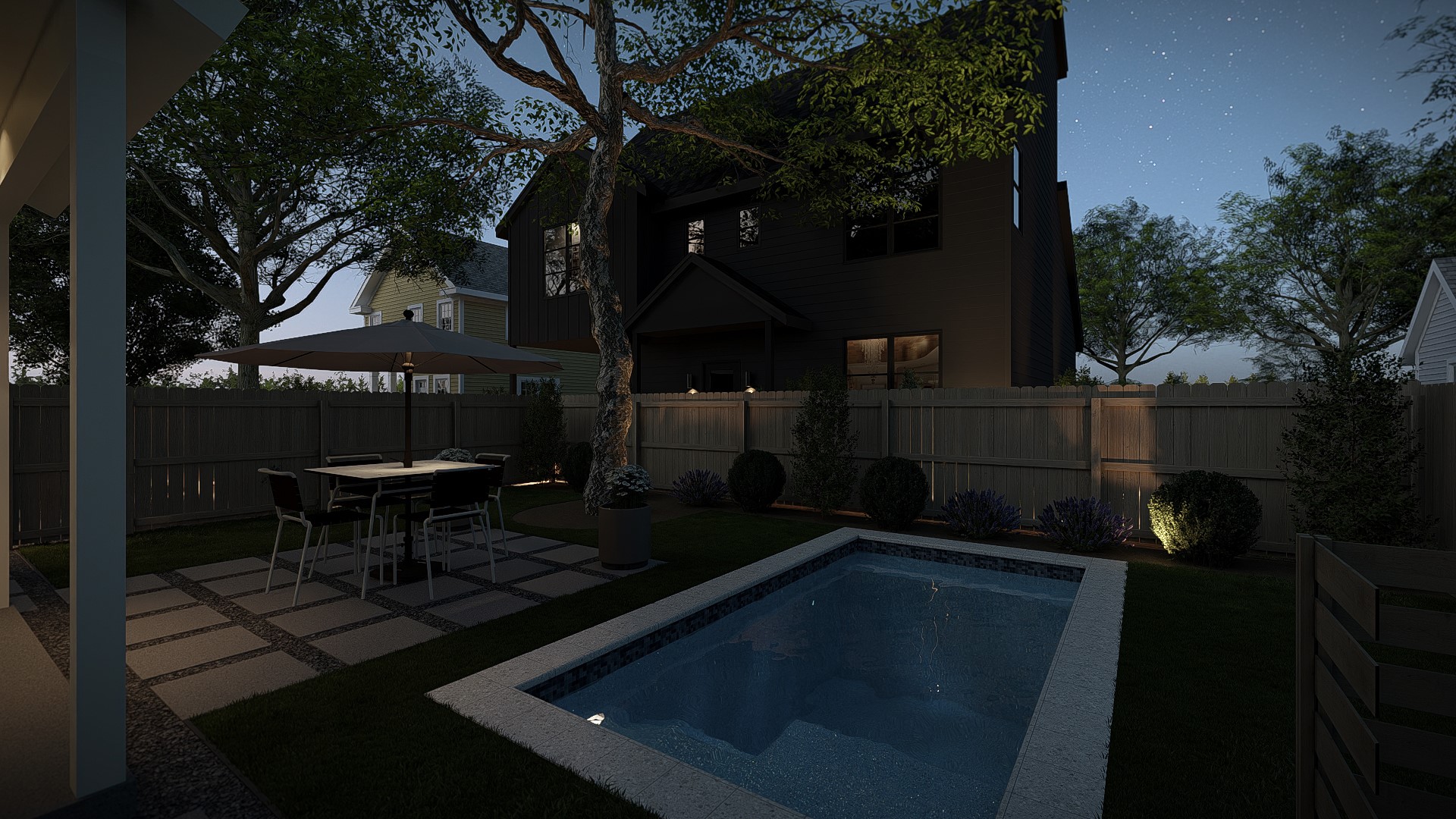 1508 Holly Street, Unit 2 Austin, TX 78702 - Photo 6 of 38 a backyard of a house with table and chairs under an umbrella