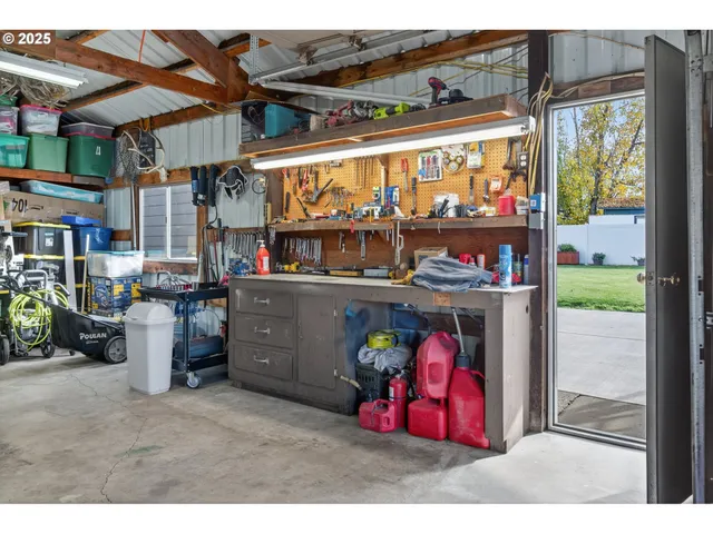 a garage with a wooden floor