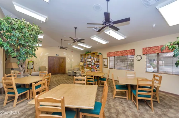 a view of a dining room with furniture