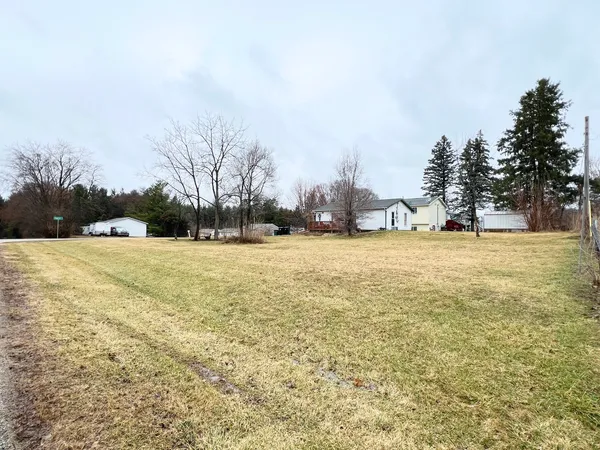 a view of a field with trees in the background