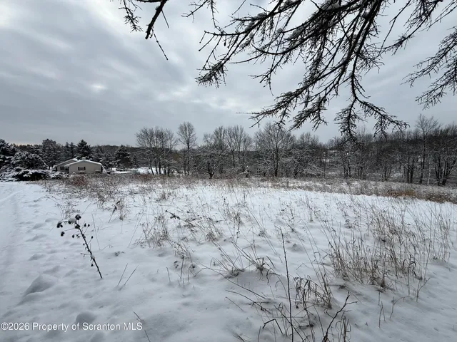 a view of a yard covered with snow