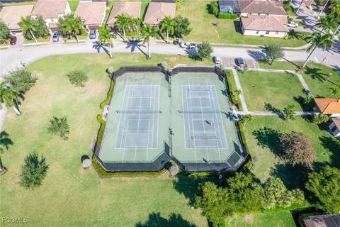 an aerial view of a swimming pool