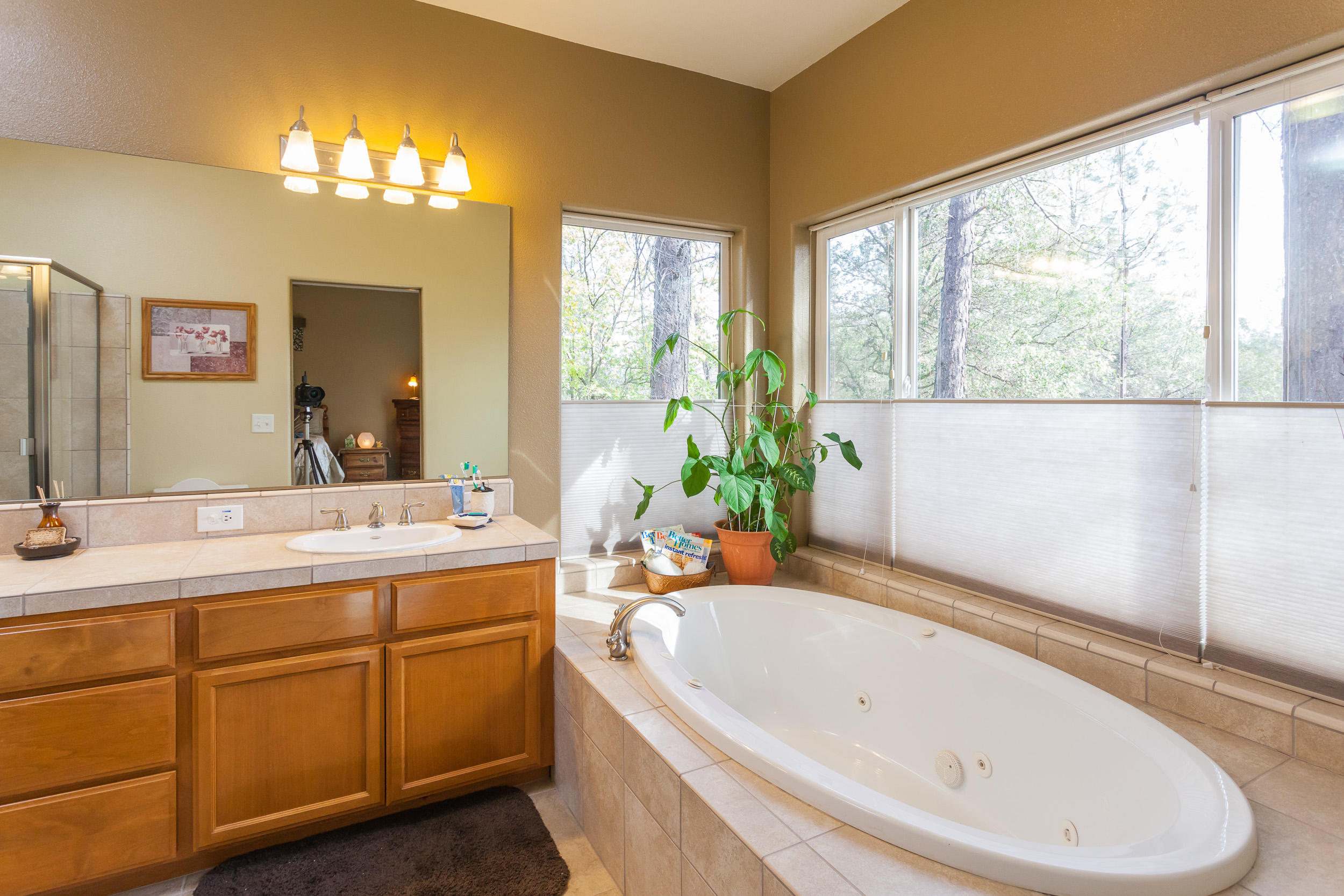 12199 Macs Road Redding, CA 96003 - Photo 30 of 36 a bathroom with a bathtub a sink and a large mirror