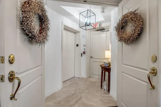 a view of a chandelier in a room