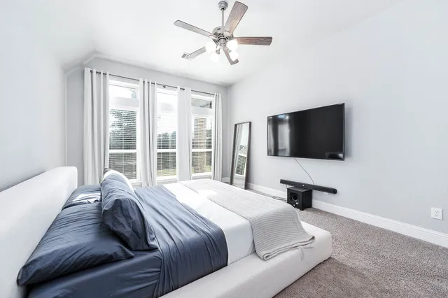 a bedroom with a bed tv and window