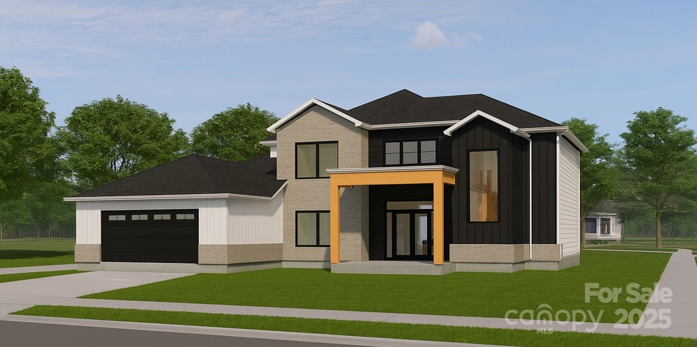 a view of a white house with a big yard and large trees