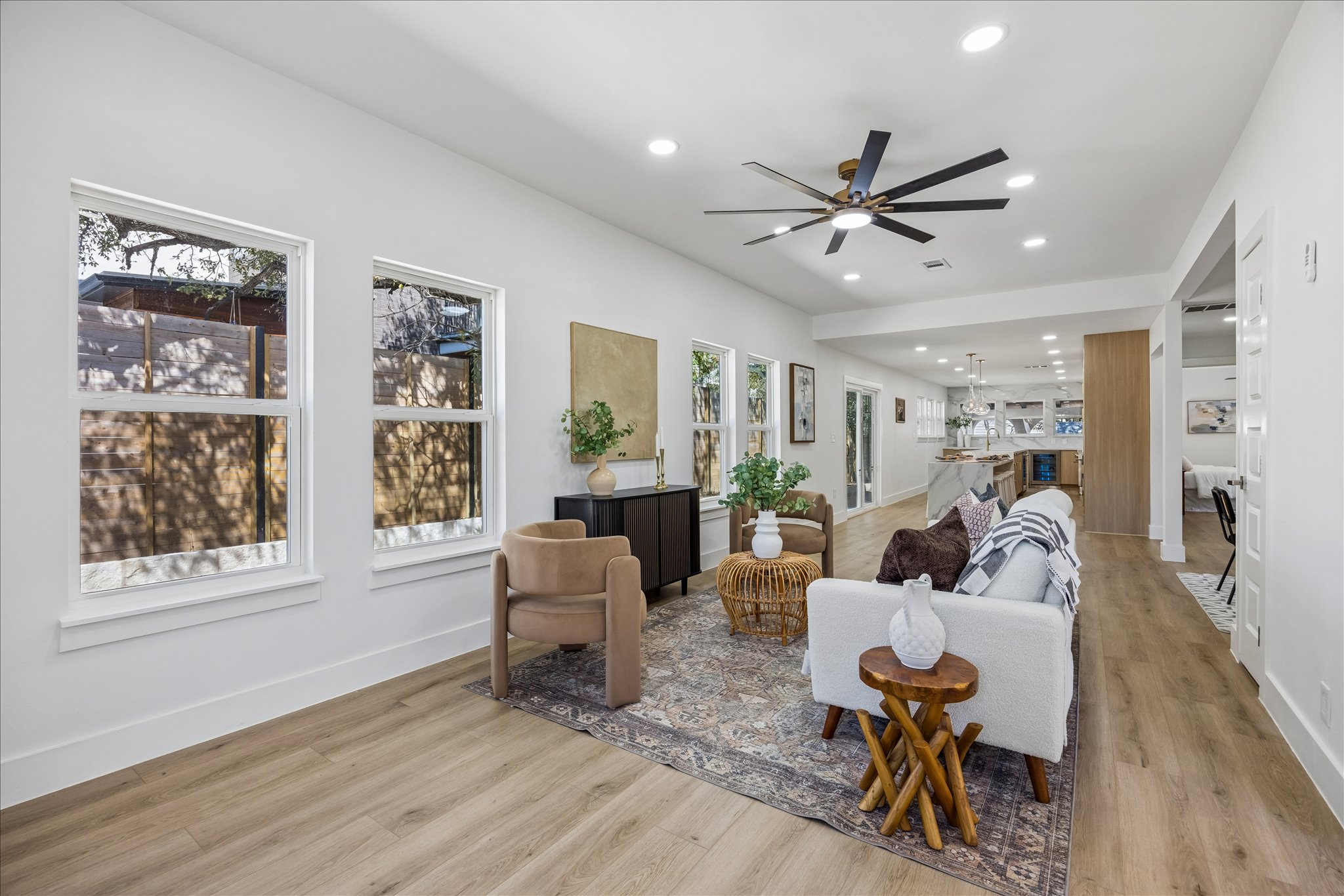 808 West Elizabeth Street Austin, TX 78704 - Photo 6 of 20 Living room with light wood finished floors, recessed lighting, and ceiling fan