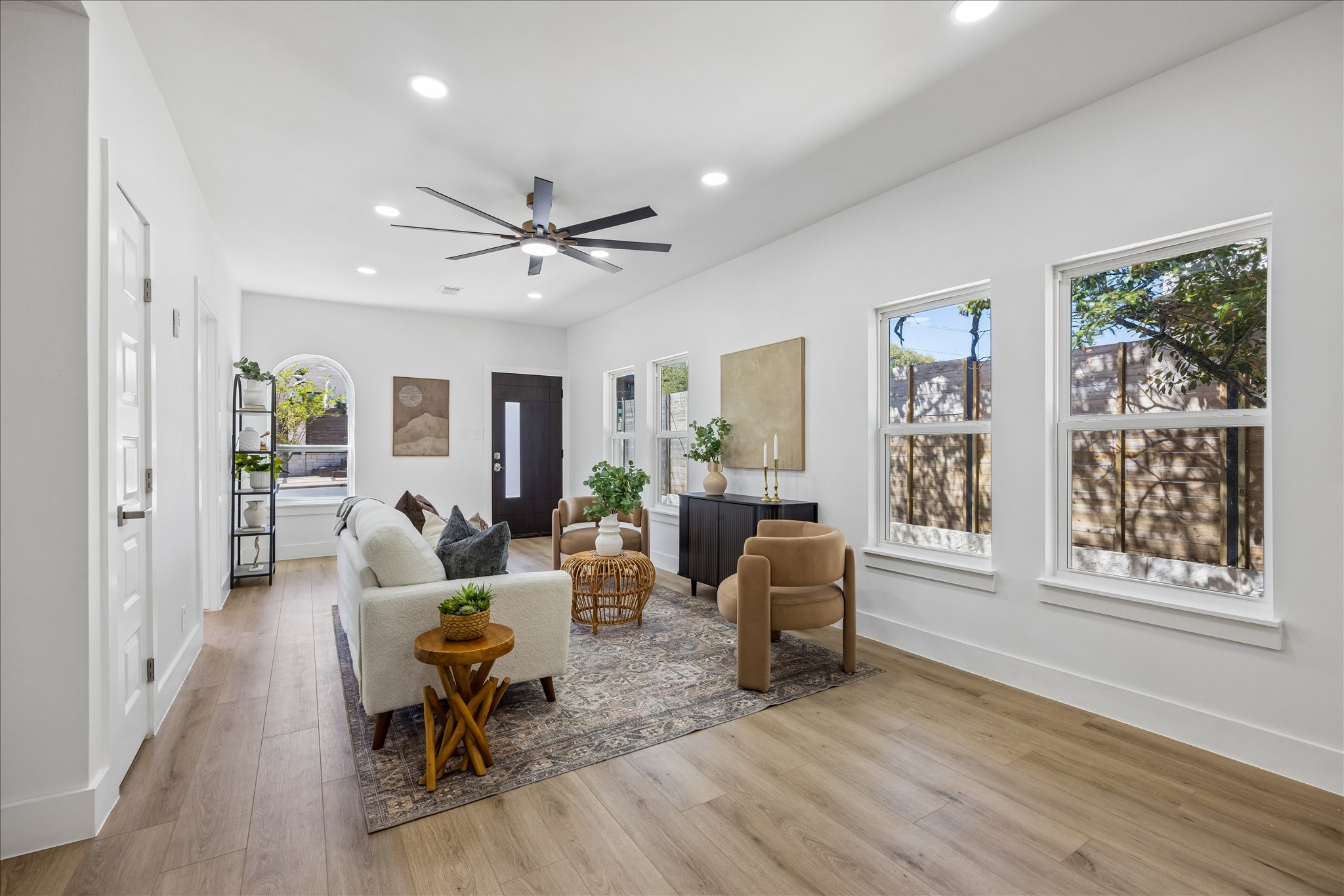 808 West Elizabeth Street Austin, TX 78704 - Photo 7 of 20 Living room with light wood finished floors, recessed lighting, and ceiling fan