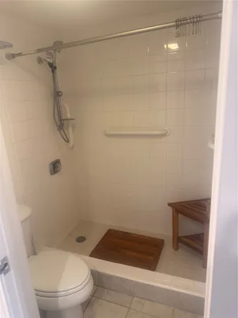 a bathroom with a shower and a toilet
