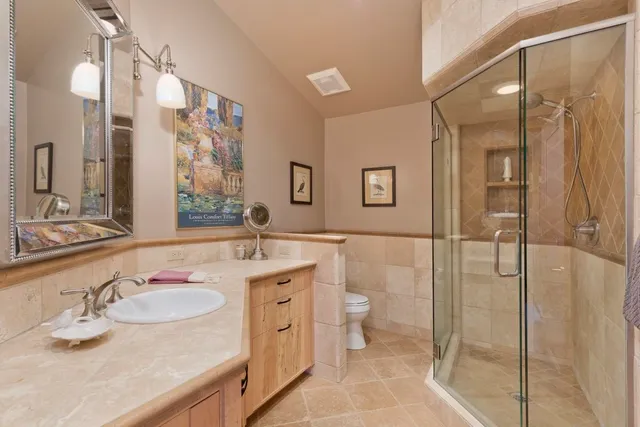 a bathroom with a granite countertop sink toilet and shower