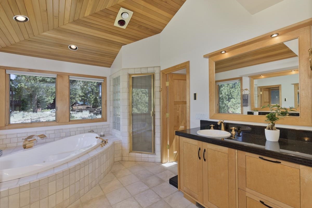 92 Garnet Street Mammoth Lakes, CA 93546 - Photo 28 of 50 Full bath featuring wooden ceiling, a bath, recessed lighting, vanity, and a shower stall