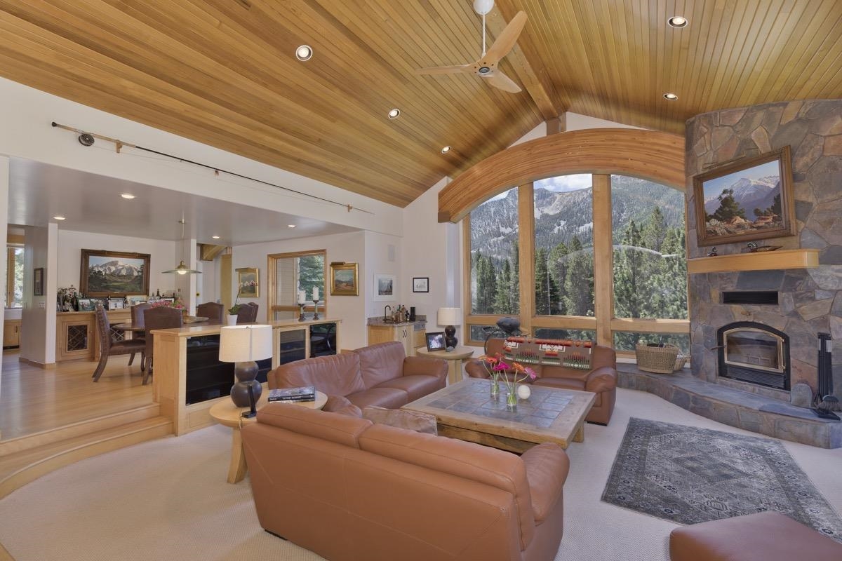 92 Garnet Street Mammoth Lakes, CA 93546 - Photo 5 of 50 Living area with wood ceiling, a fireplace, recessed lighting, high vaulted ceiling, and wood finished floors