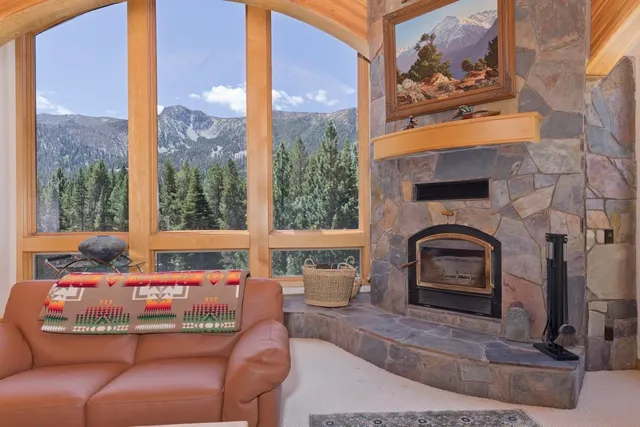 a living room with furniture a fireplace and a floor to ceiling window
