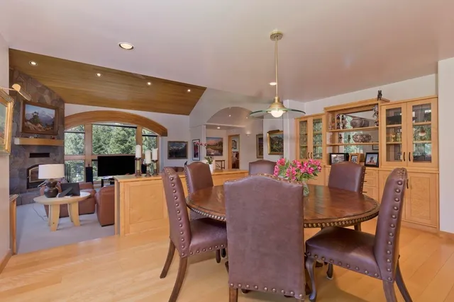 a view of a dining room with furniture window and outside view