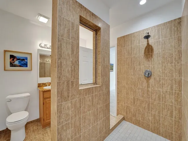 a bathroom with a shower and toilet