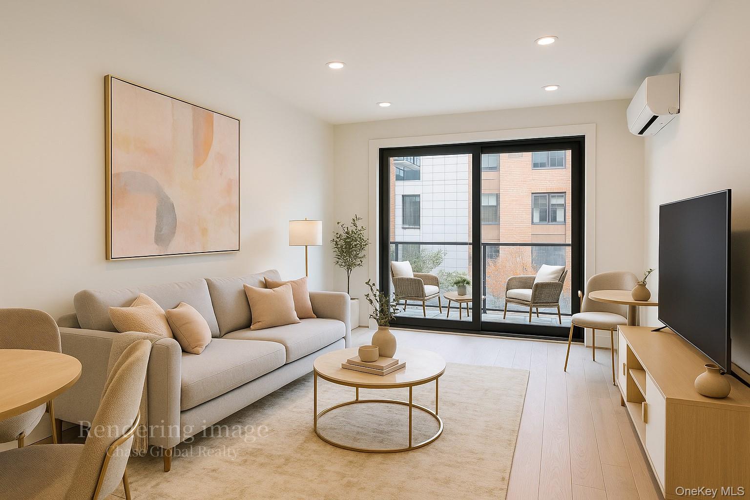 40-09 29th Street, Unit 3C Queens, NY 11101 - Photo 2 of 11 Living area featuring recessed lighting, light wood-style flooring, and a wall mounted AC