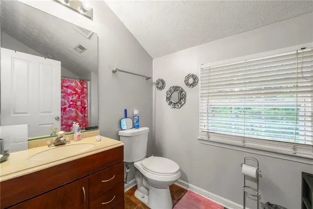 a bathroom with a sink toilet vanity and window
