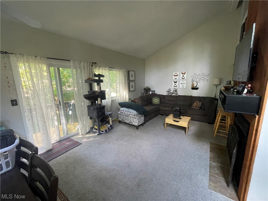 2408 Call Road, Unit 2B Stow, OH 44224 - Photo 18 of 32 Living room with vaulted ceiling, a high ceiling, and carpet flooring