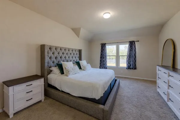 a bedroom with a bed and a dresser