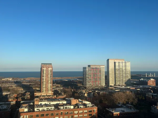 a city view with tall buildings