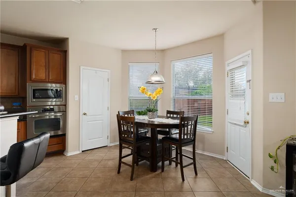 a view of a dining room with furniture window and outside view