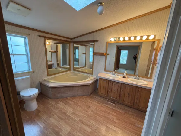 a bathroom with a tub a sink and a large mirror