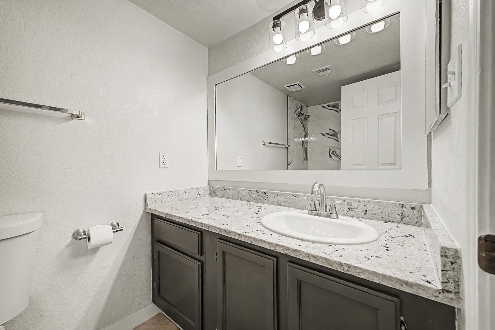 6885 East Cochise Road, Unit 142 Paradise Valley, AZ 85253 - Photo 34 of 47 a bathroom with a granite countertop sink a toilet and a mirror