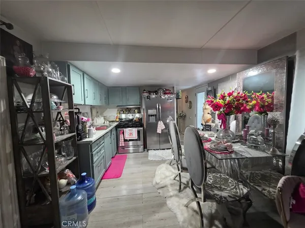 a view of a dining room with furniture