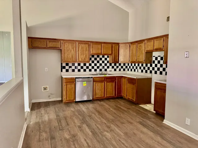 a bedroom with a wooden door