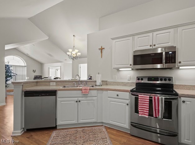 9151 Springfield Road, Unit 703 Youngstown, OH 44514 - Photo 5 of 19 Kitchen with a peninsula, a chandelier, a sink, appliances with stainless steel finishes, and vaulted ceiling
