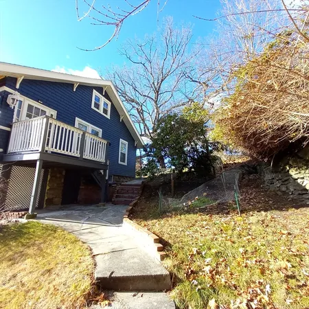 a view of a backyard with a large tree