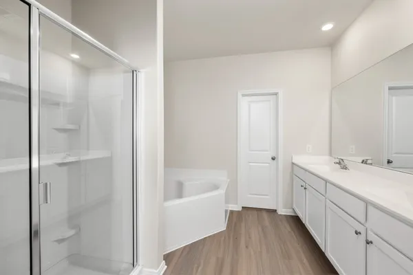 a bathroom with a bathtub sink and mirror