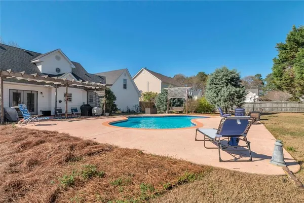 a building outdoor space with patio furniture