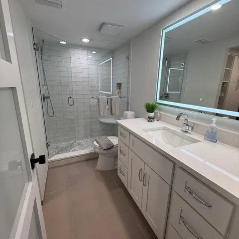 a bathroom with a double vanity sink toilet mirror and shower